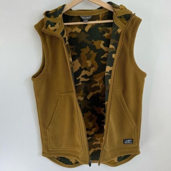 Eddie Bauer Men’s Medium Brown Tan Camo Fleece Ribbed Lined Hooded Vest Jacket - Picture 11 of 13